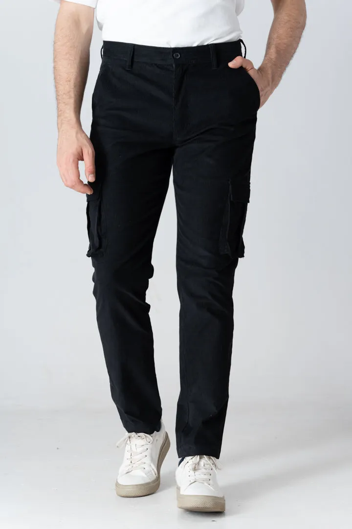 Black Corduroy Stretch Cargo Pants