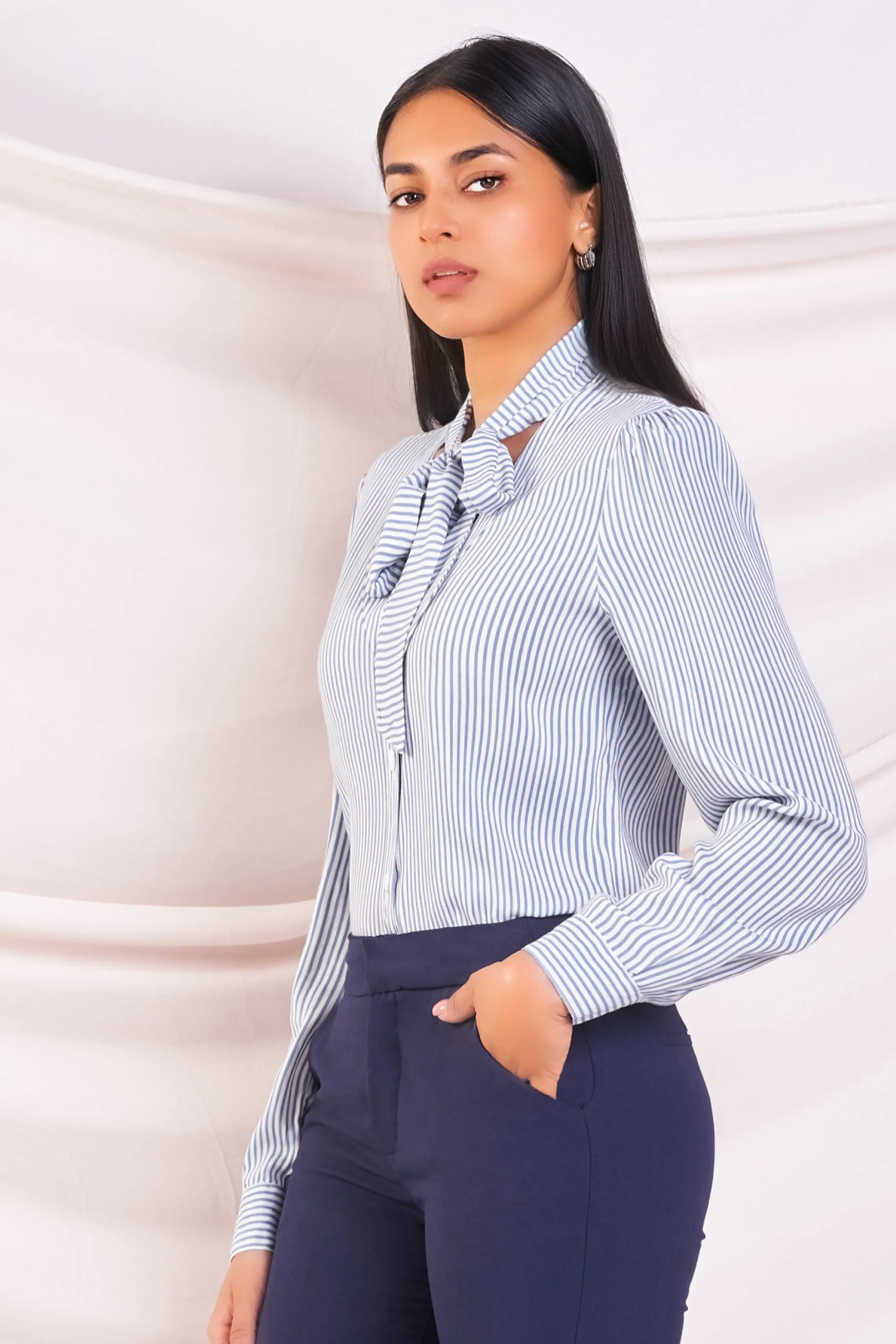 Blue Stripe Bow Detail Shirt