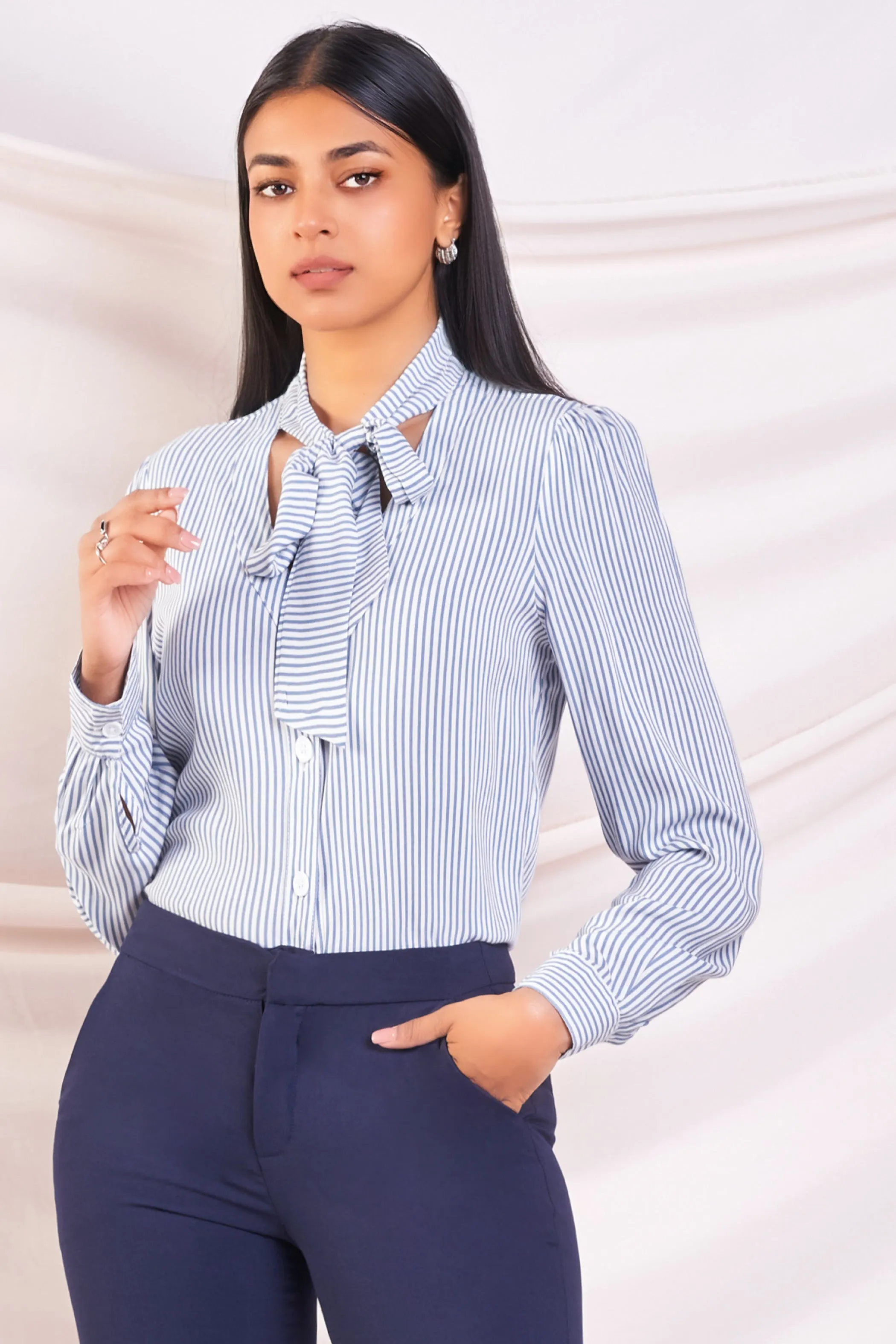 Blue Stripe Bow Detail Shirt