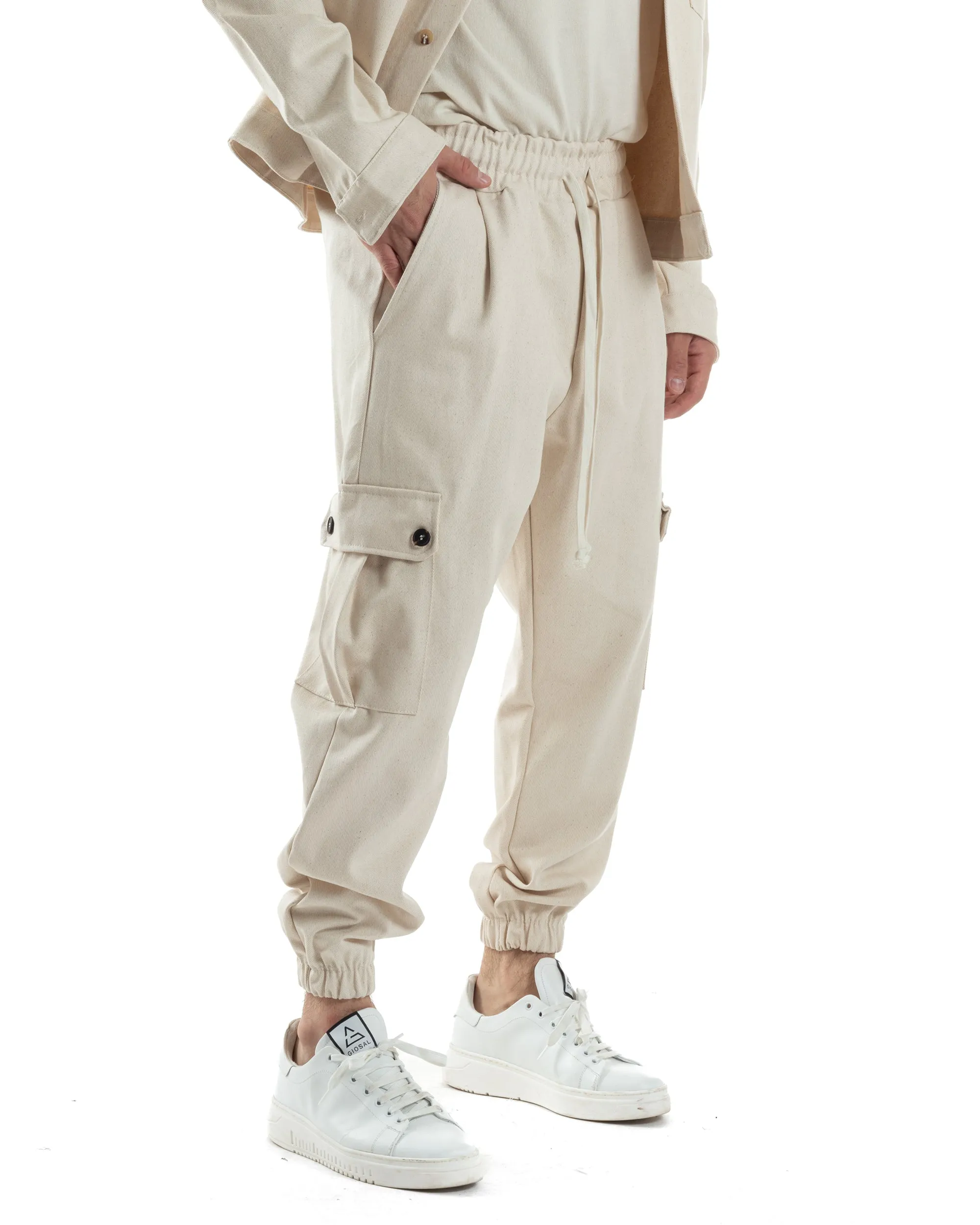 Completo Set Coordinato Uomo Camicione Giacca Cropped Pantalaccio Cargo Tasconi Outfit Oversize Beige GIOSAL-OU2456A