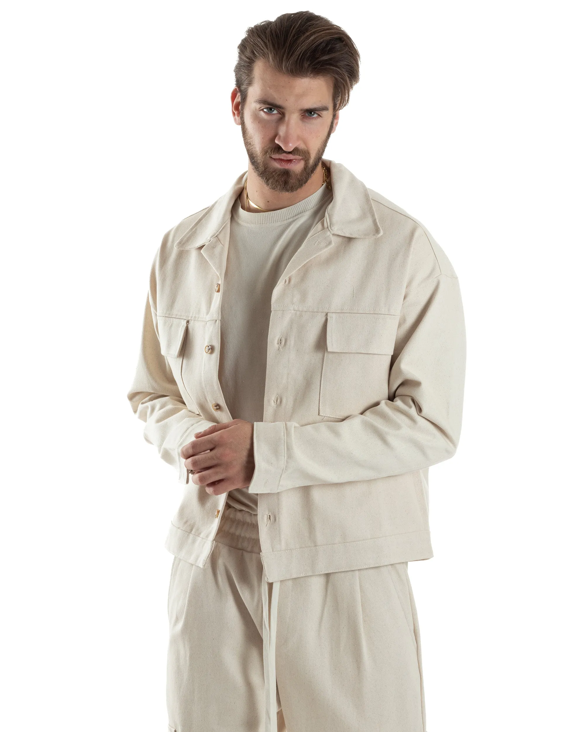 Completo Set Coordinato Uomo Camicione Giacca Cropped Pantalaccio Cargo Tasconi Outfit Oversize Beige GIOSAL-OU2456A