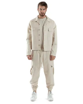 Completo Set Coordinato Uomo Camicione Giacca Cropped Pantalaccio Cargo Tasconi Outfit Oversize Beige GIOSAL-OU2456A