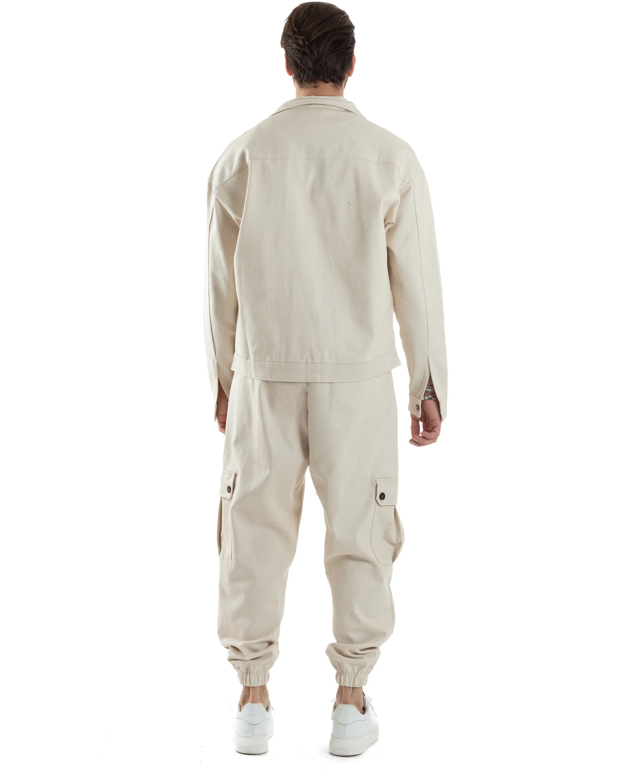 Completo Set Coordinato Uomo Camicione Giacca Cropped Pantalaccio Cargo Tasconi Outfit Oversize Beige GIOSAL-OU2456A