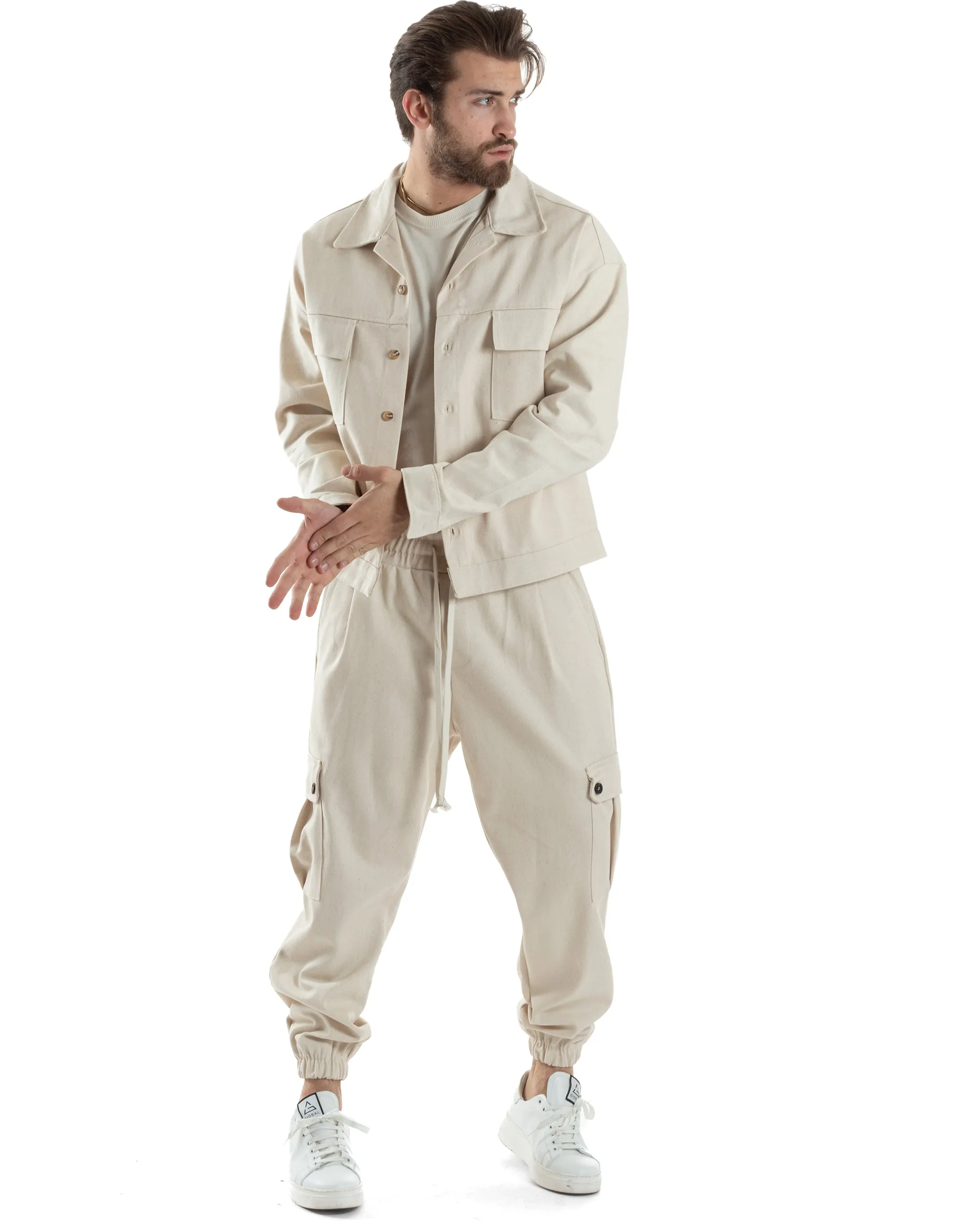 Completo Set Coordinato Uomo Camicione Giacca Cropped Pantalaccio Cargo Tasconi Outfit Oversize Beige GIOSAL-OU2456A