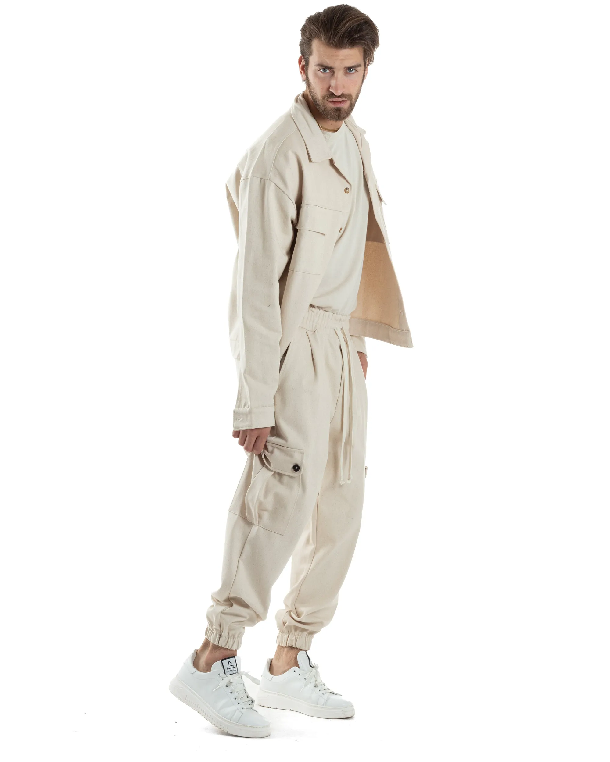 Completo Set Coordinato Uomo Camicione Giacca Cropped Pantalaccio Cargo Tasconi Outfit Oversize Beige GIOSAL-OU2456A