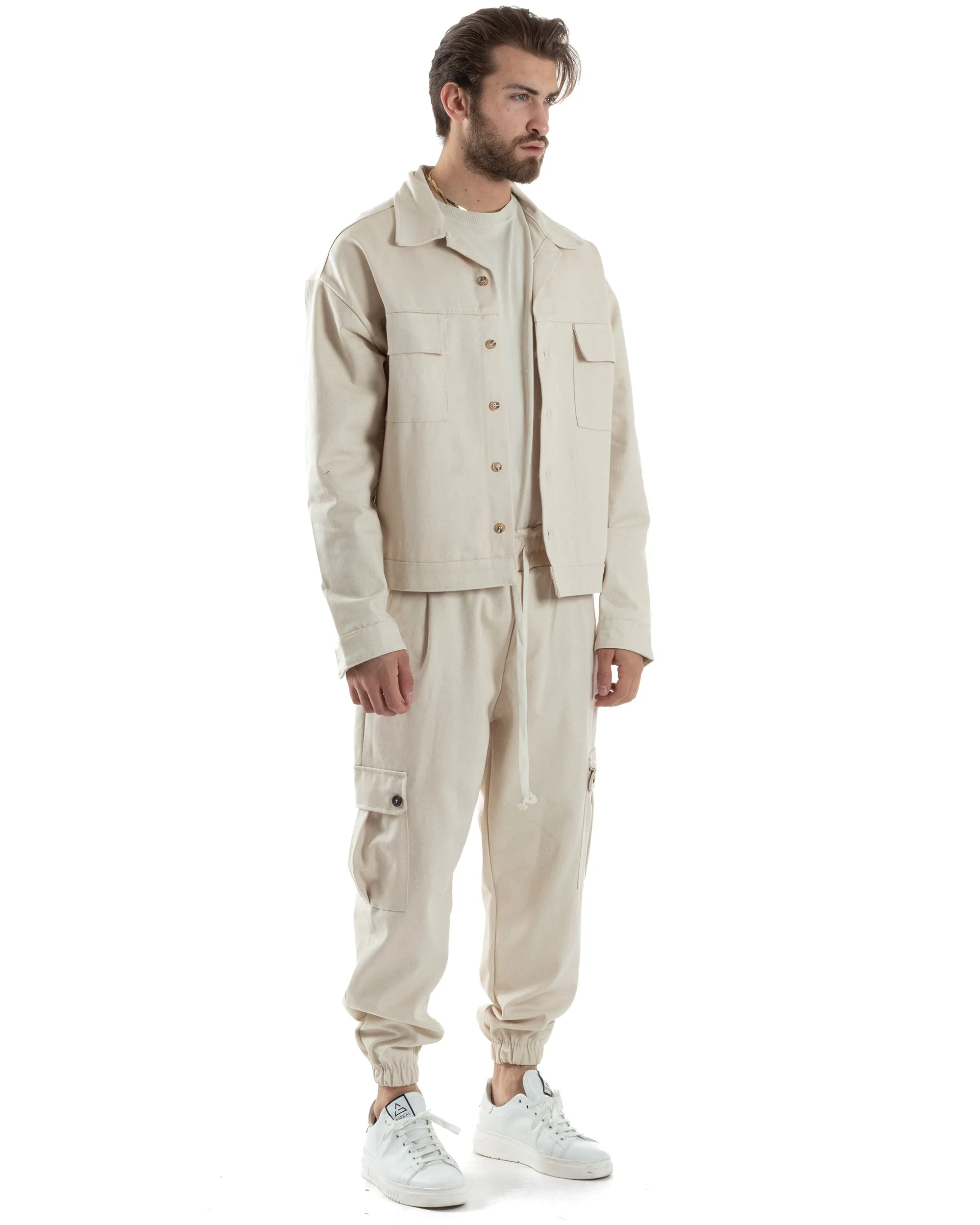 Completo Set Coordinato Uomo Camicione Giacca Cropped Pantalaccio Cargo Tasconi Outfit Oversize Beige GIOSAL-OU2456A