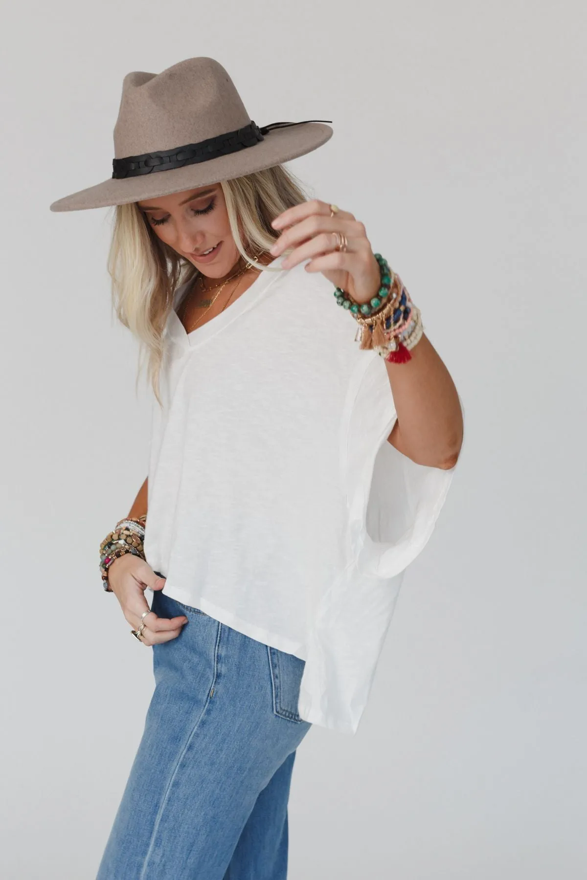 Cozy Oversized Slub V Neck Top - White