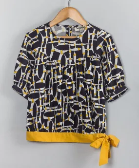 Geometric print top with yellow tie up at waist-Black