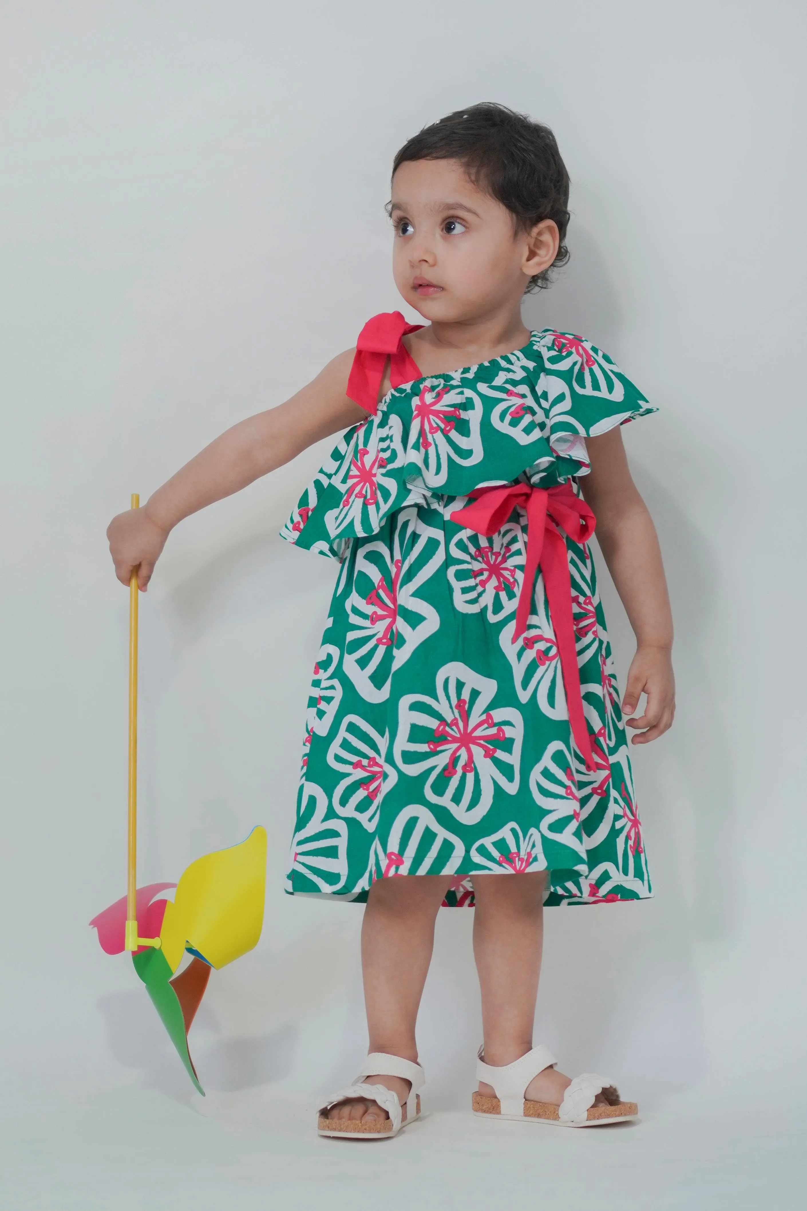 Girls Print Ruffle Dress-Green