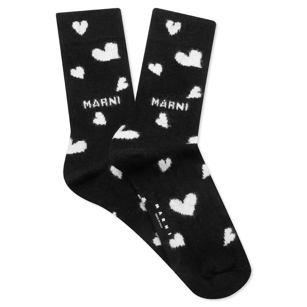 Heart Motif Wool Socks - Black