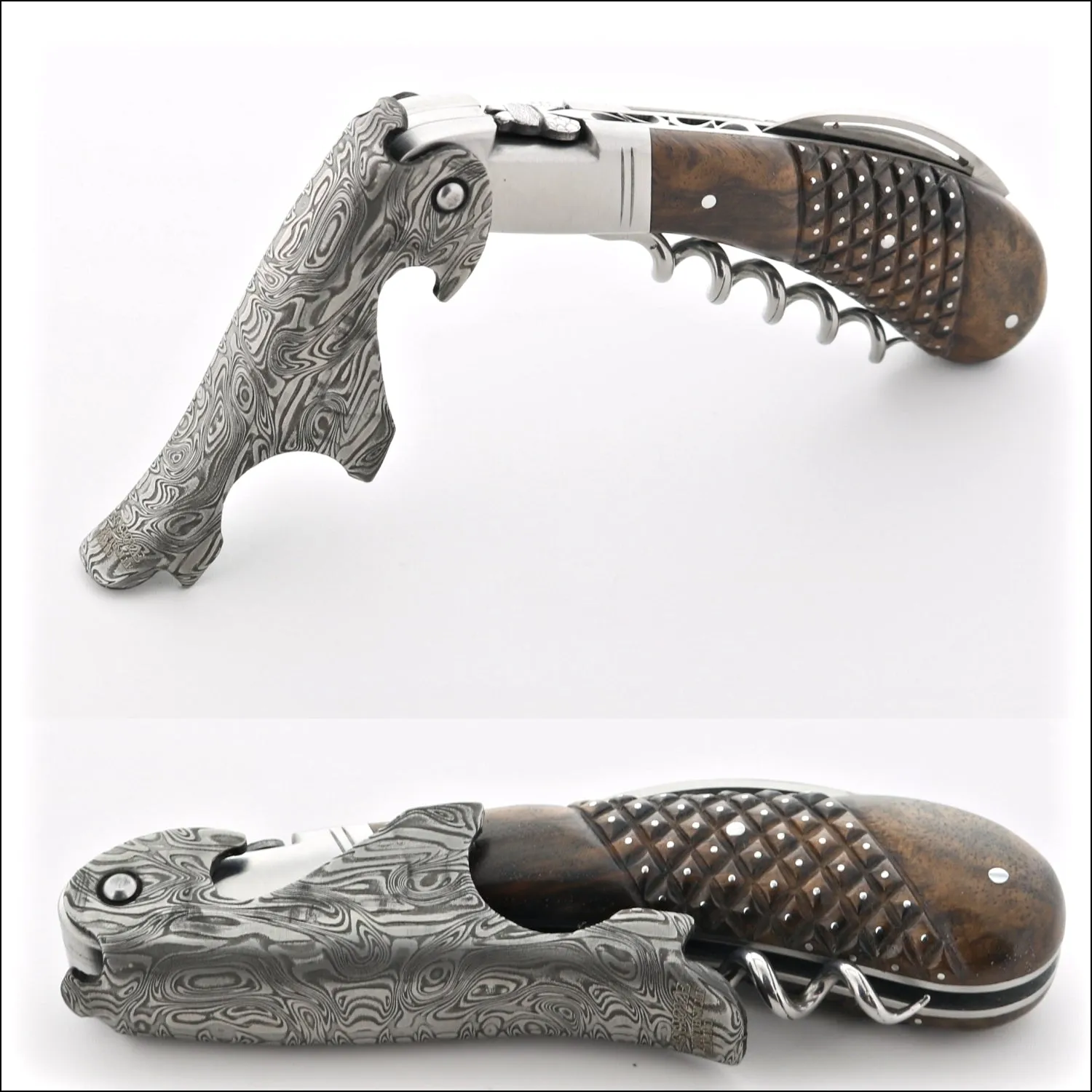 Laguiole Magnum Damascus Studded Burled Walnut Corkscrew