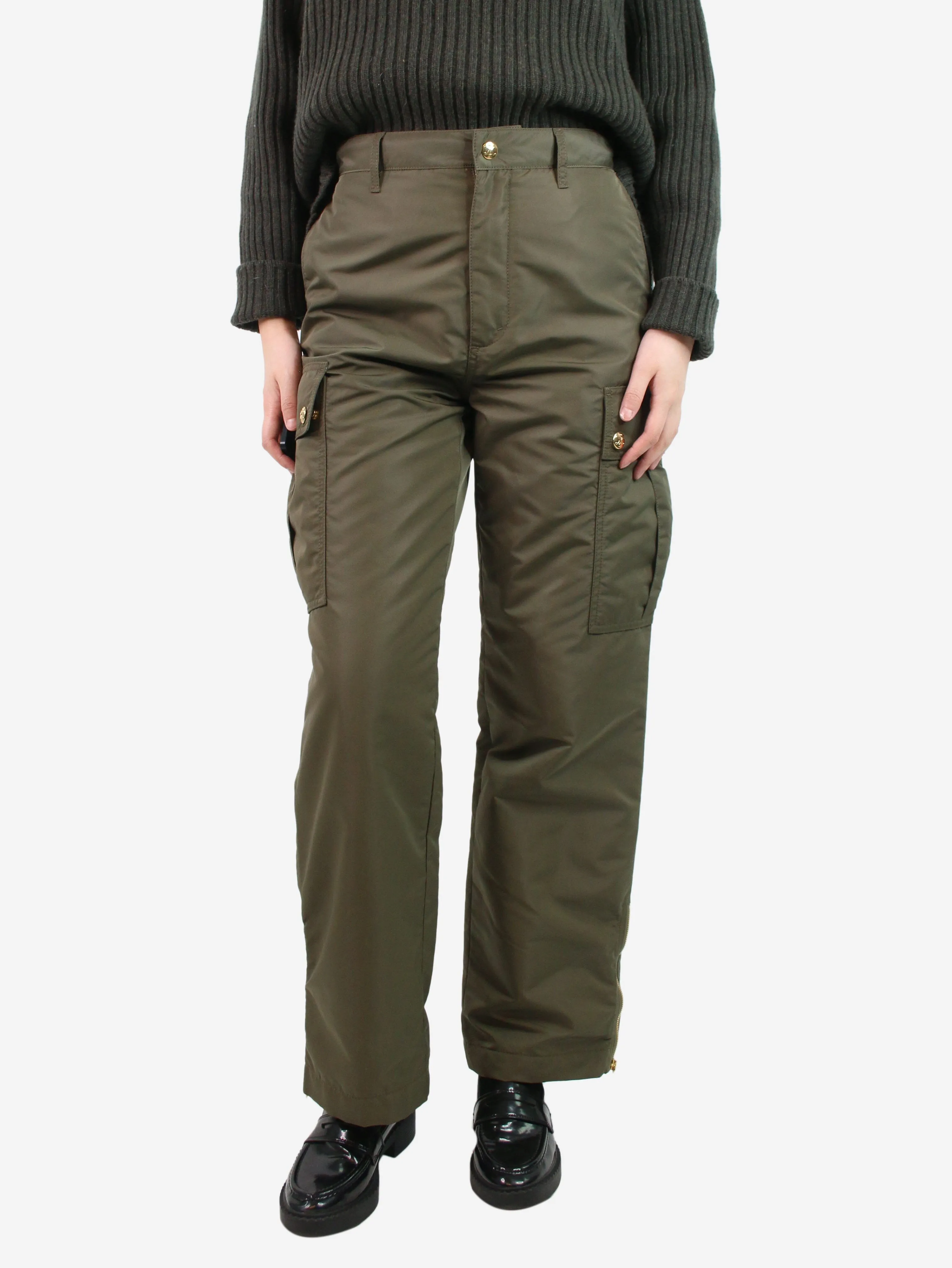 Olive green nylon cargo trousers - size UK 8