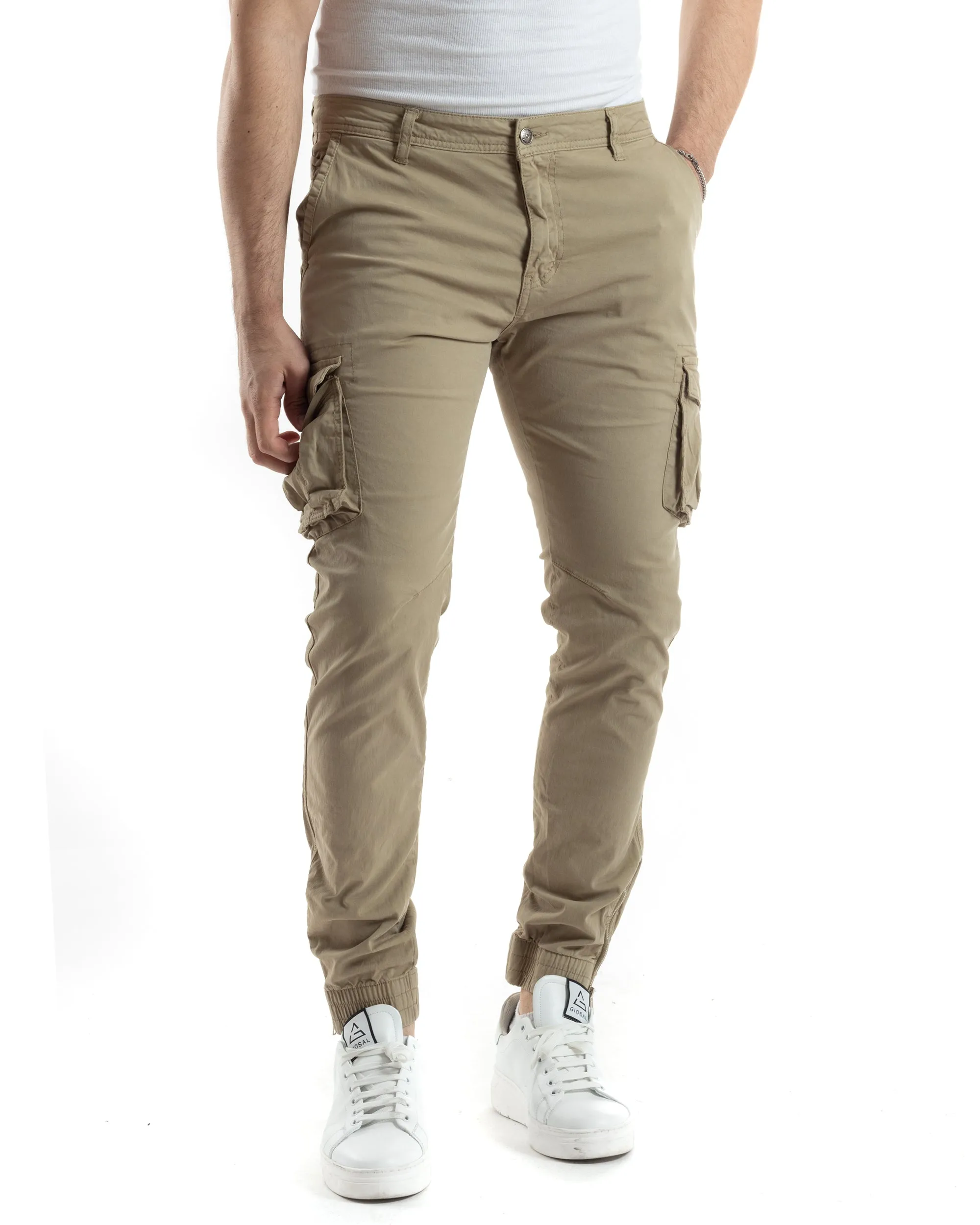 Pantaloni Uomo Cargo Con Tasconi E Zip Multitasche Elastico Al Fondo Beige GIOSAL-P6055A