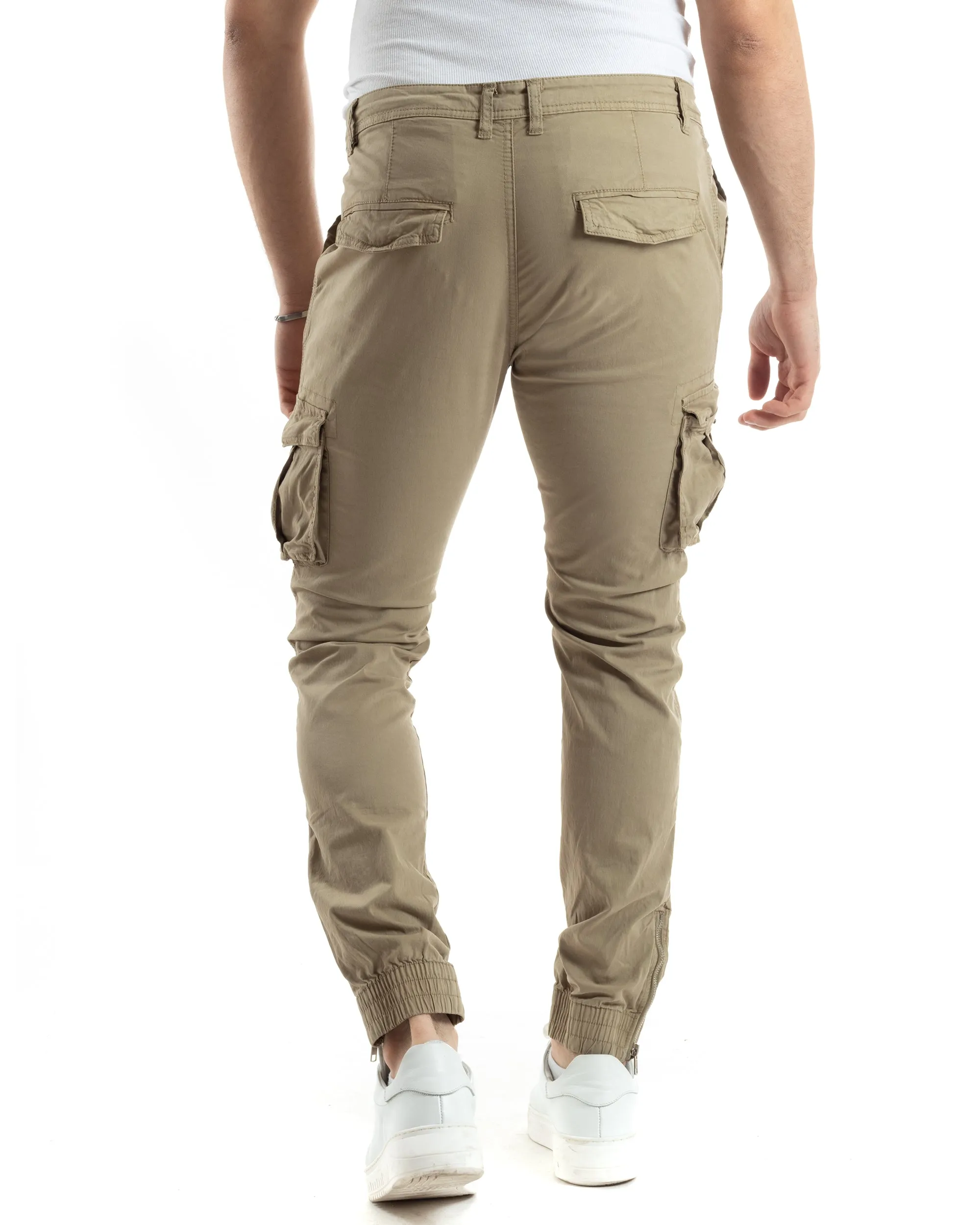 Pantaloni Uomo Cargo Con Tasconi E Zip Multitasche Elastico Al Fondo Beige GIOSAL-P6055A