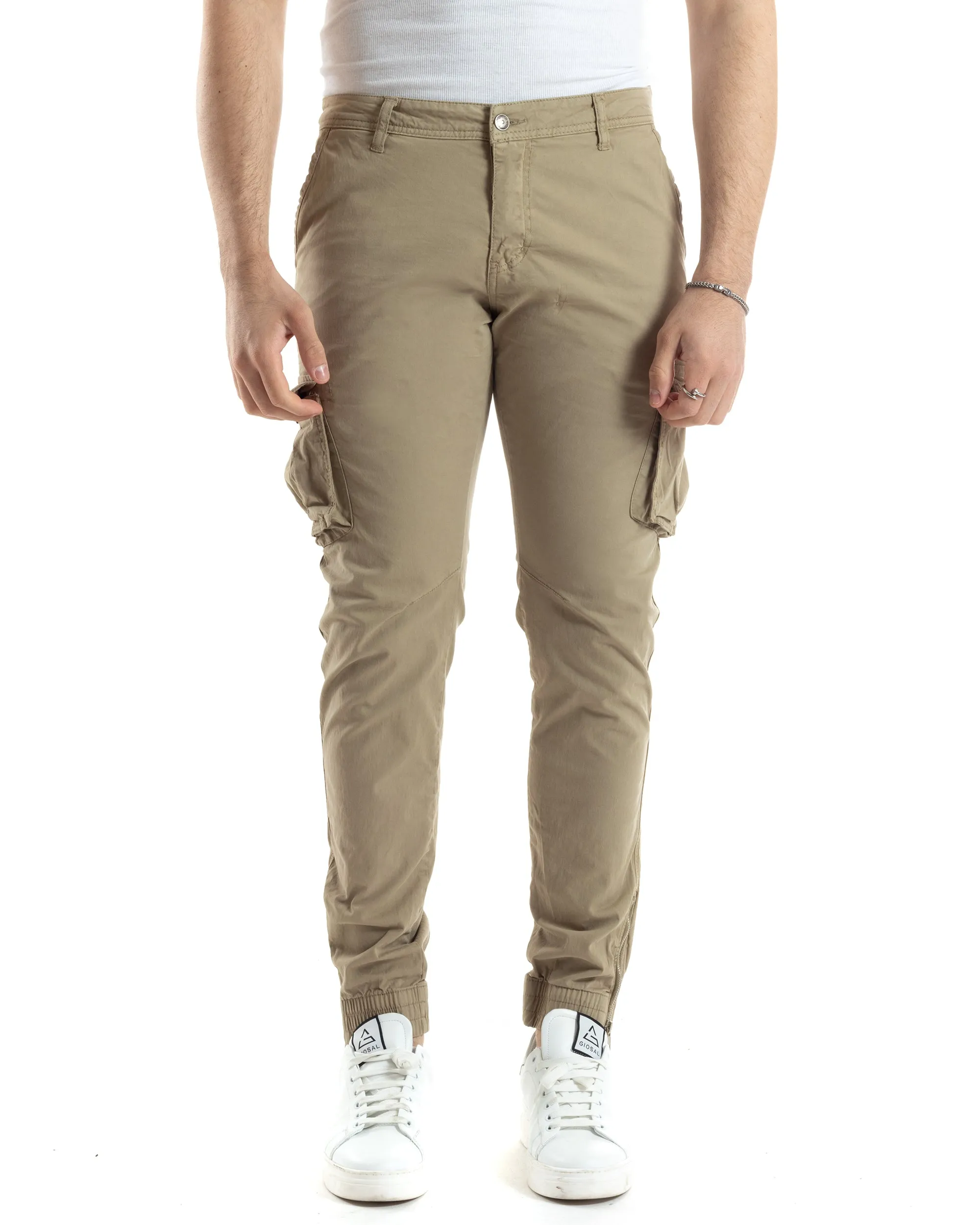 Pantaloni Uomo Cargo Con Tasconi E Zip Multitasche Elastico Al Fondo Beige GIOSAL-P6055A