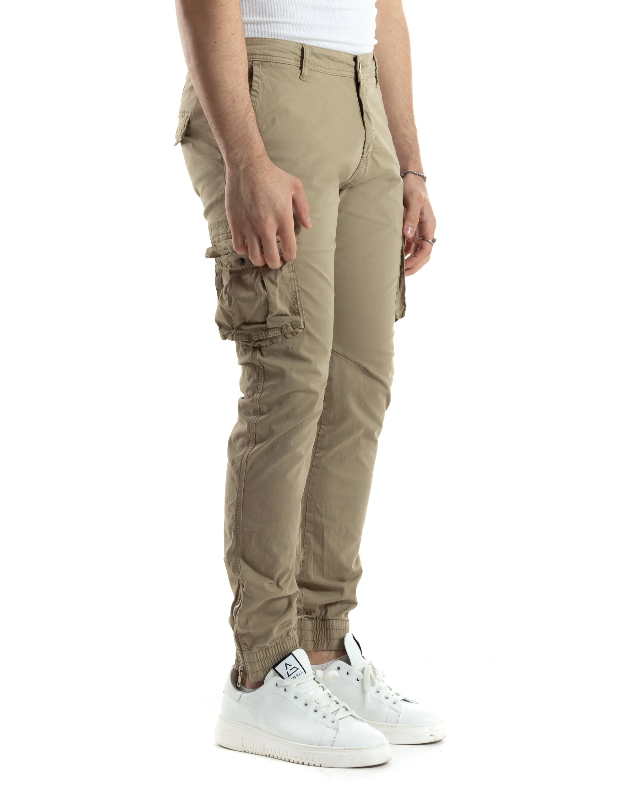 Pantaloni Uomo Cargo Con Tasconi E Zip Multitasche Elastico Al Fondo Beige GIOSAL-P6055A