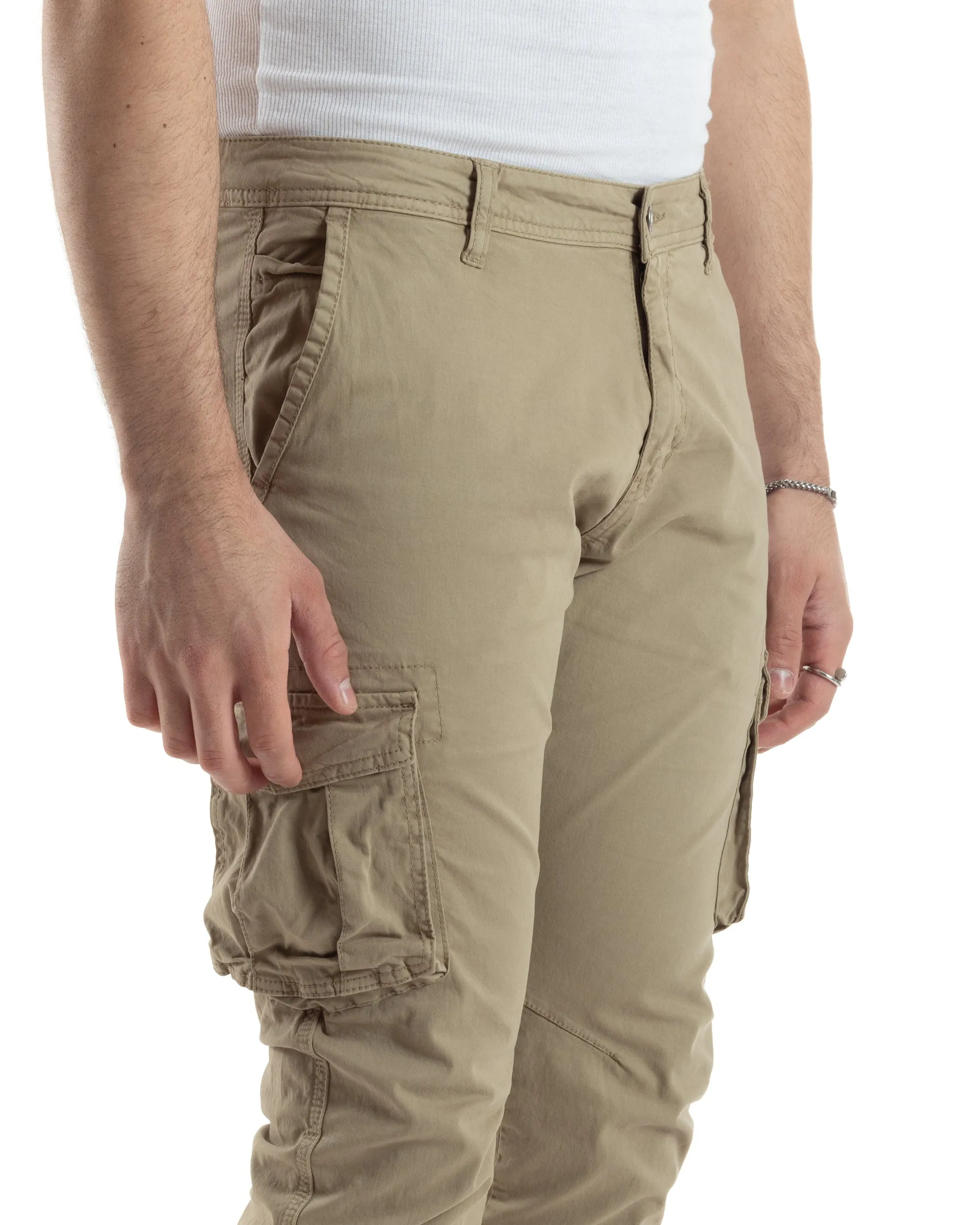 Pantaloni Uomo Cargo Con Tasconi E Zip Multitasche Elastico Al Fondo Beige GIOSAL-P6055A