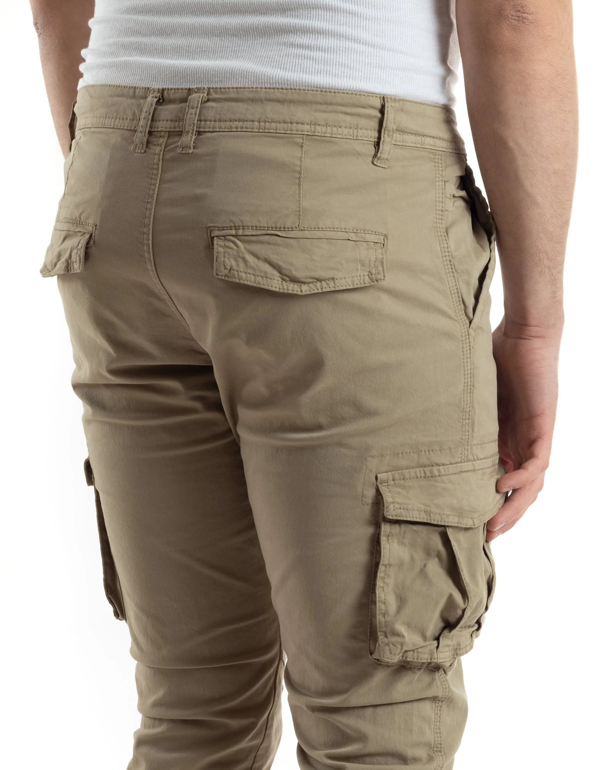 Pantaloni Uomo Cargo Con Tasconi E Zip Multitasche Elastico Al Fondo Beige GIOSAL-P6055A