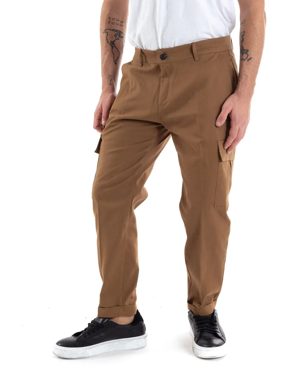 Pantaloni Uomo Cargo Cotone Tasconi Basic Tinta Unita Camel Casual GIOSAL-P5567A