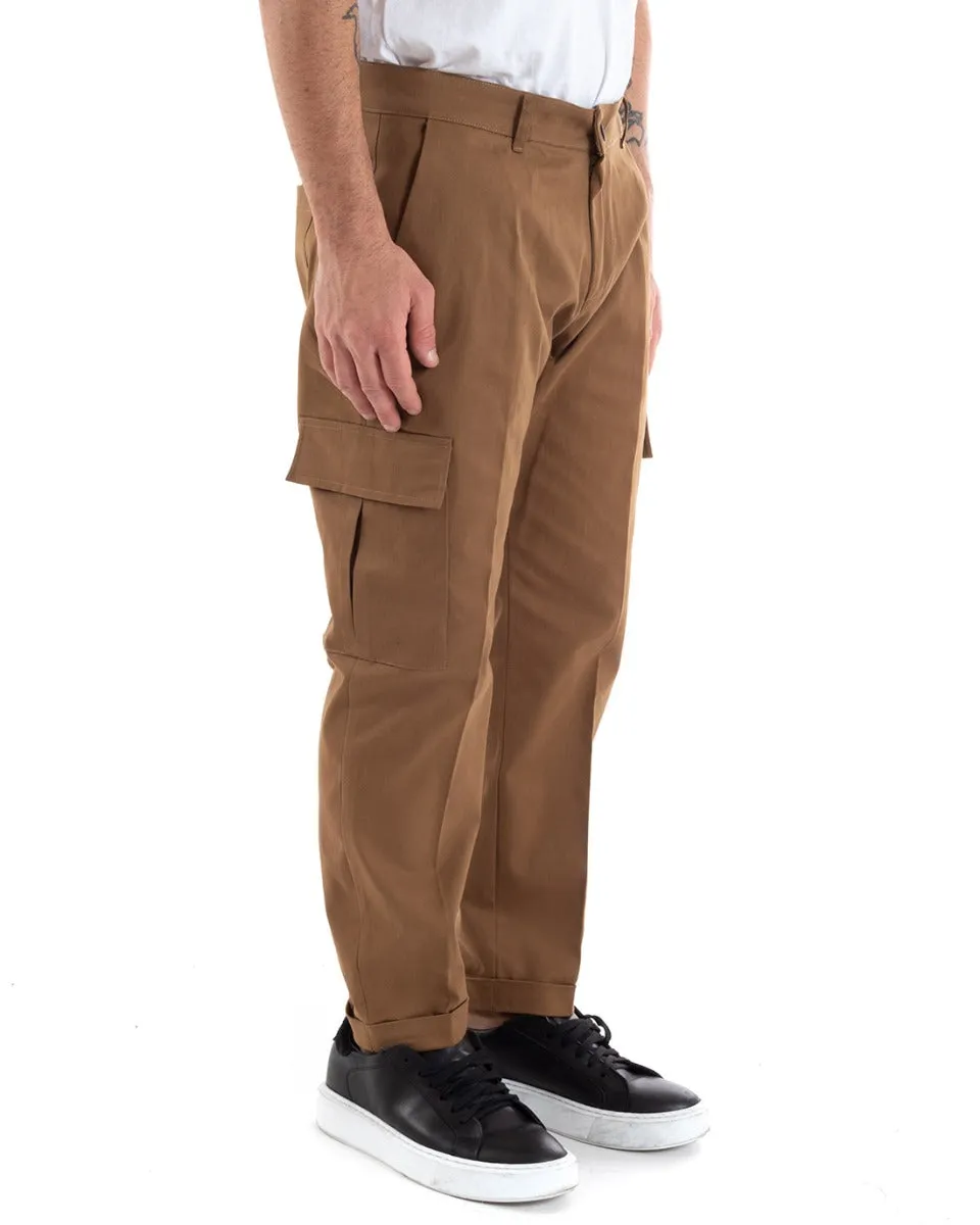 Pantaloni Uomo Cargo Cotone Tasconi Basic Tinta Unita Camel Casual GIOSAL-P5567A