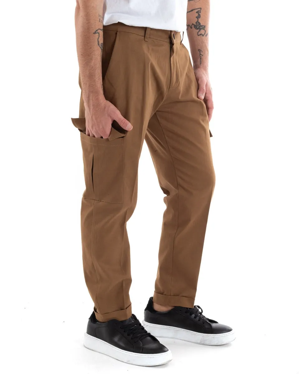 Pantaloni Uomo Cargo Cotone Tasconi Basic Tinta Unita Camel Casual GIOSAL-P5567A