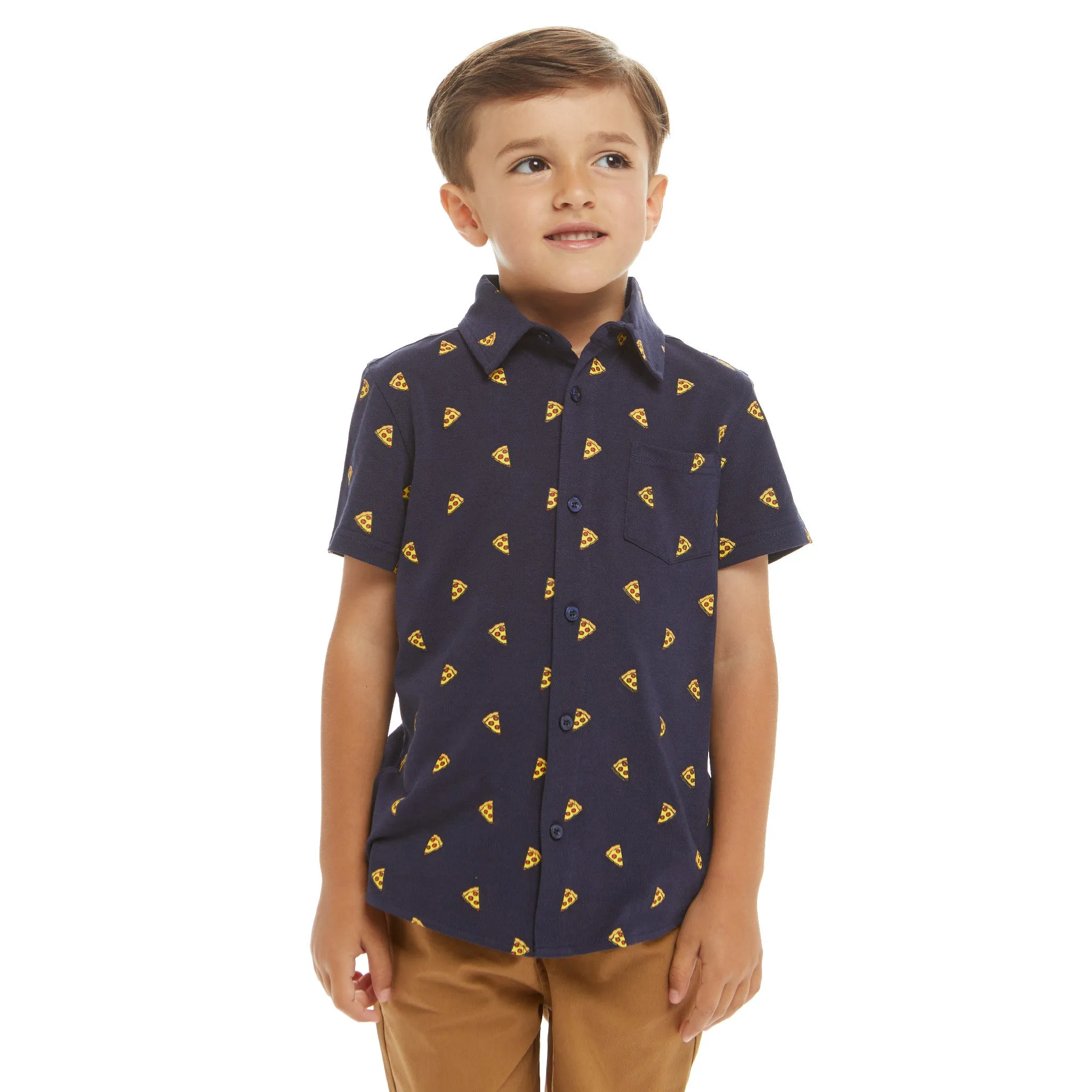 Pizza Print Short Sleeve Knit Buttondown shirt  | Navy