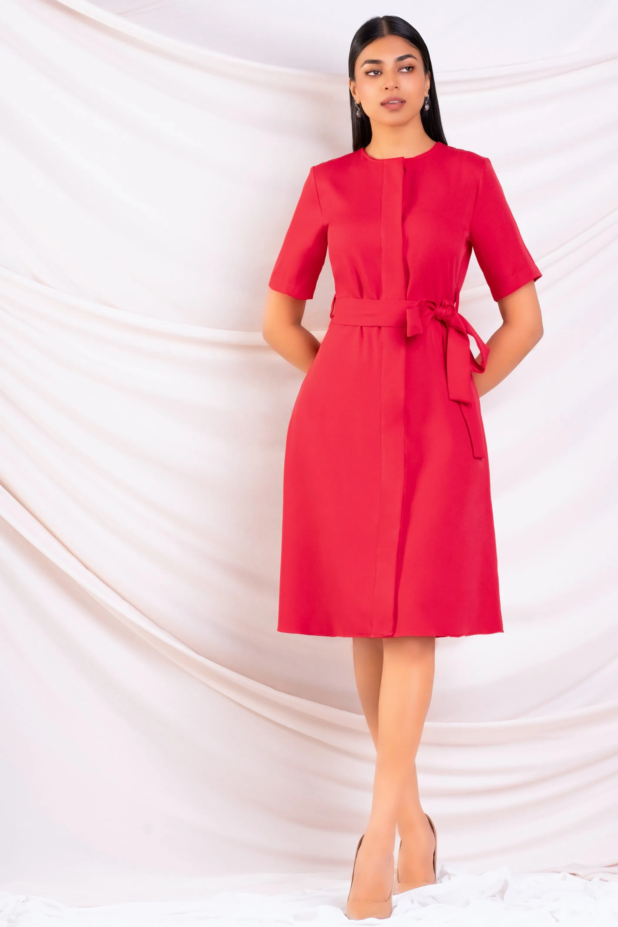 Red Waist Tie Detail Dress