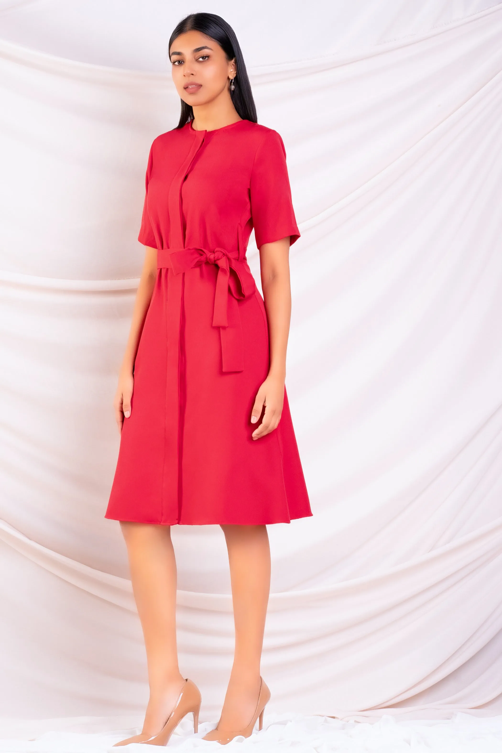 Red Waist Tie Detail Dress