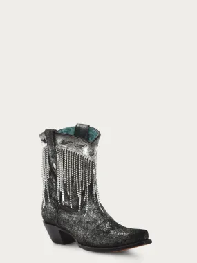 Z5252-WOMEN'S CRYSTALS FRINGE BLACK AND SILVER SNIP TOE ANKLE BOOT